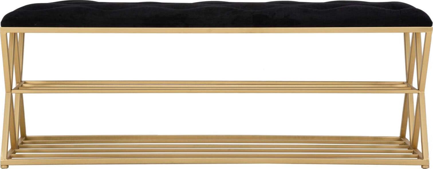 Panca-in-velluto-struttura-in-metallo-con-porta-scarpe-color-oro-per-interni
