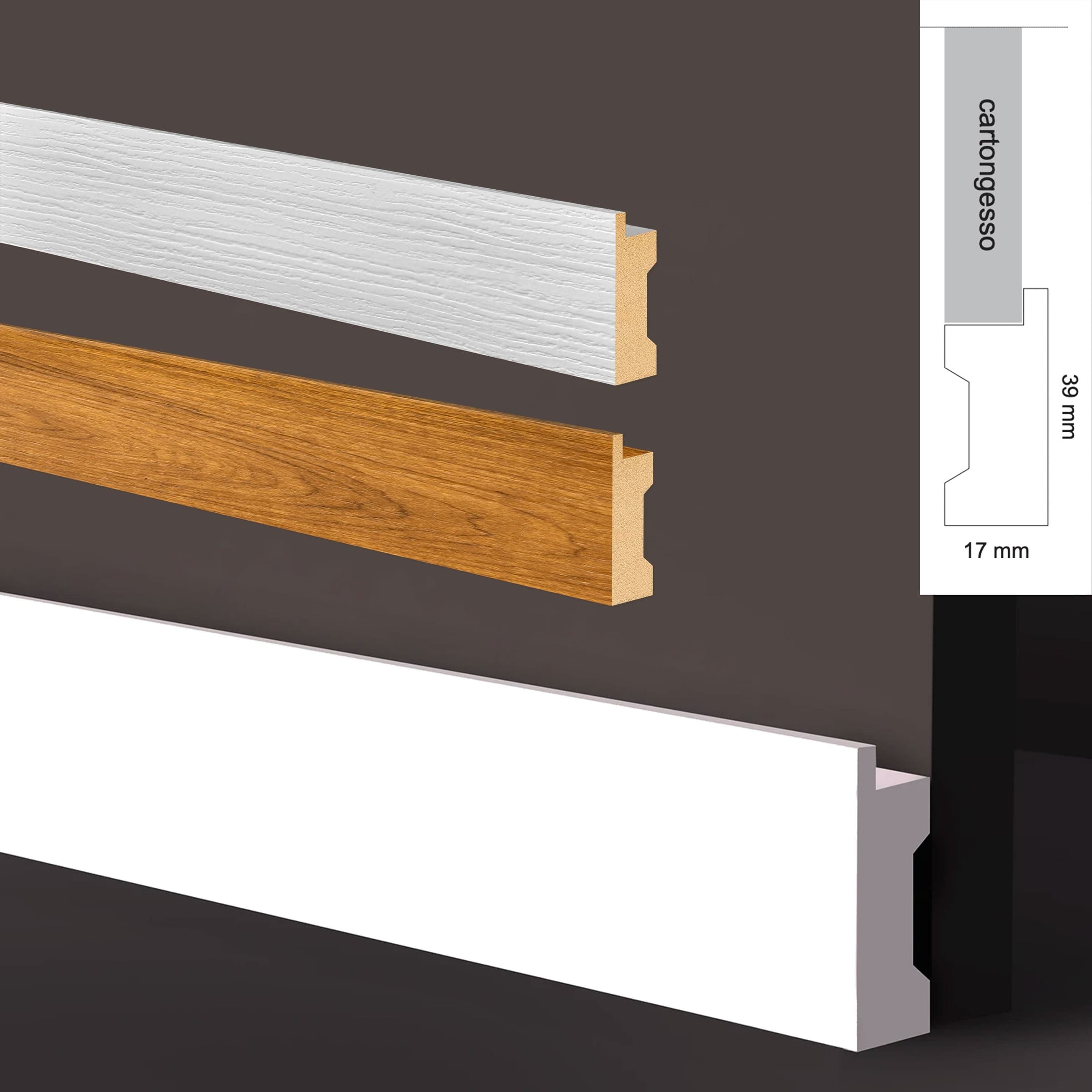 Battiscopa in POLIMERI Ad INCASSO RASOMURO per Cartongesso  39x17mm - BIANCO - ROVERE - (prezzo al metro)