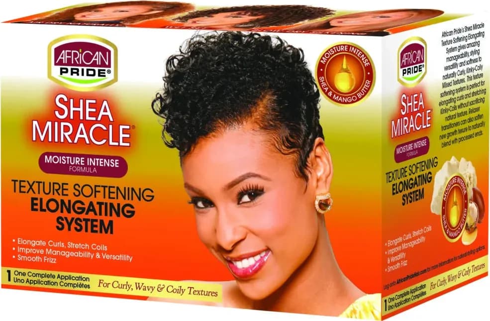 AFRICAN PRIDE SHEA BUTTER MIRACLE TEXTURE SOFTENING ELONGATING SYSTEM FOR CURLY,WAVY &COILY STIRAGGIO PER CAPELLI – beige