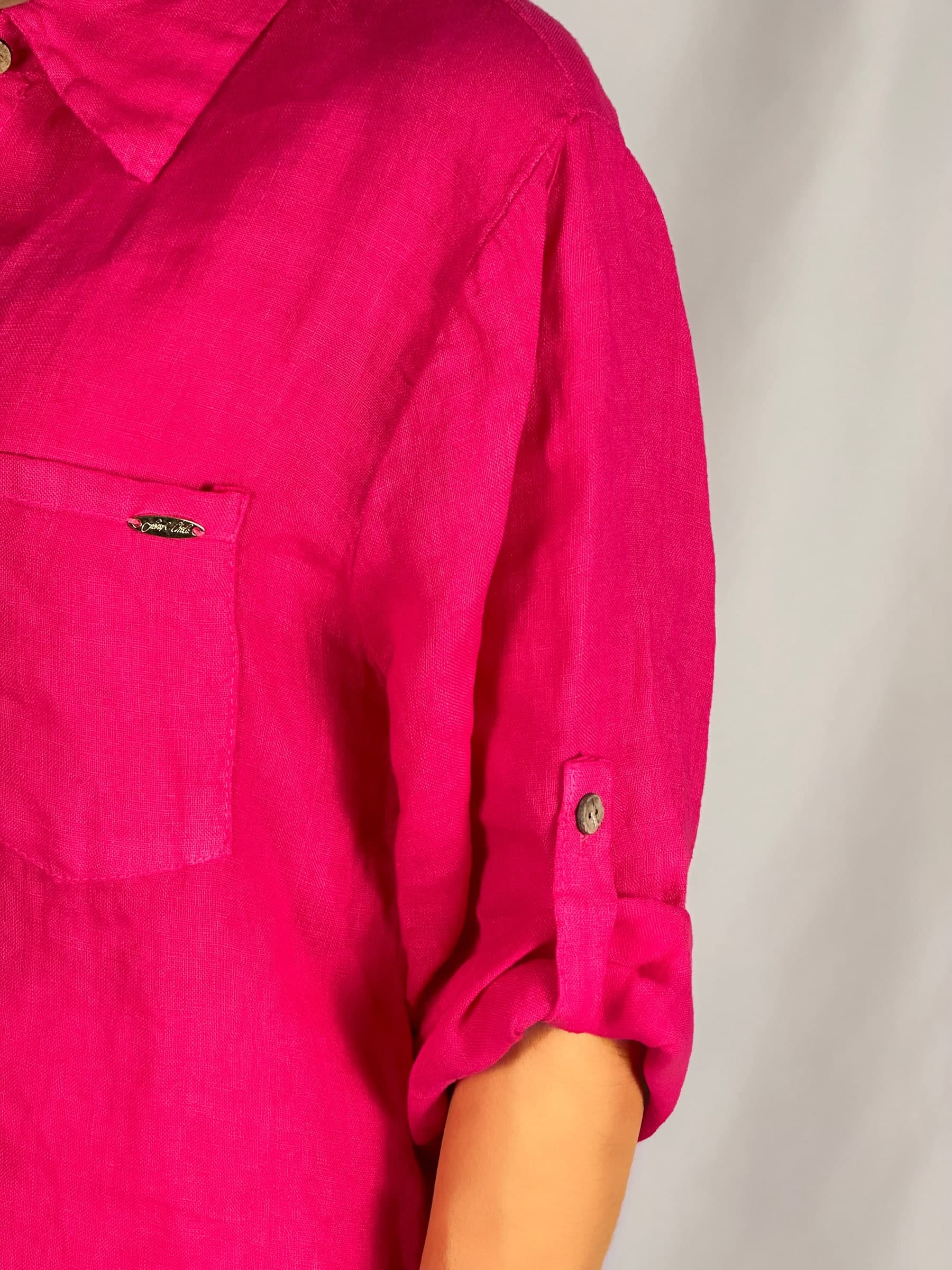 Camicione fucsia  in lino con taschino - 5