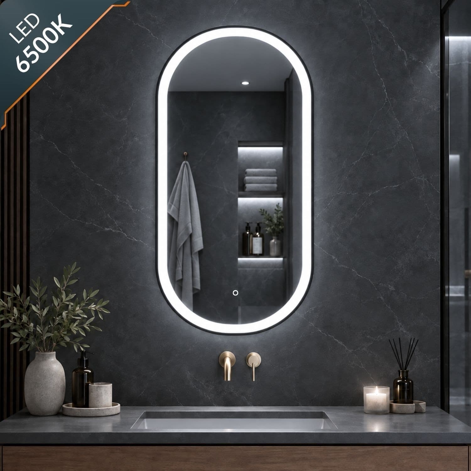 Specchio 5 mm Ovale cornice Nera Retroilluminato Led Interruttore Touch - 3