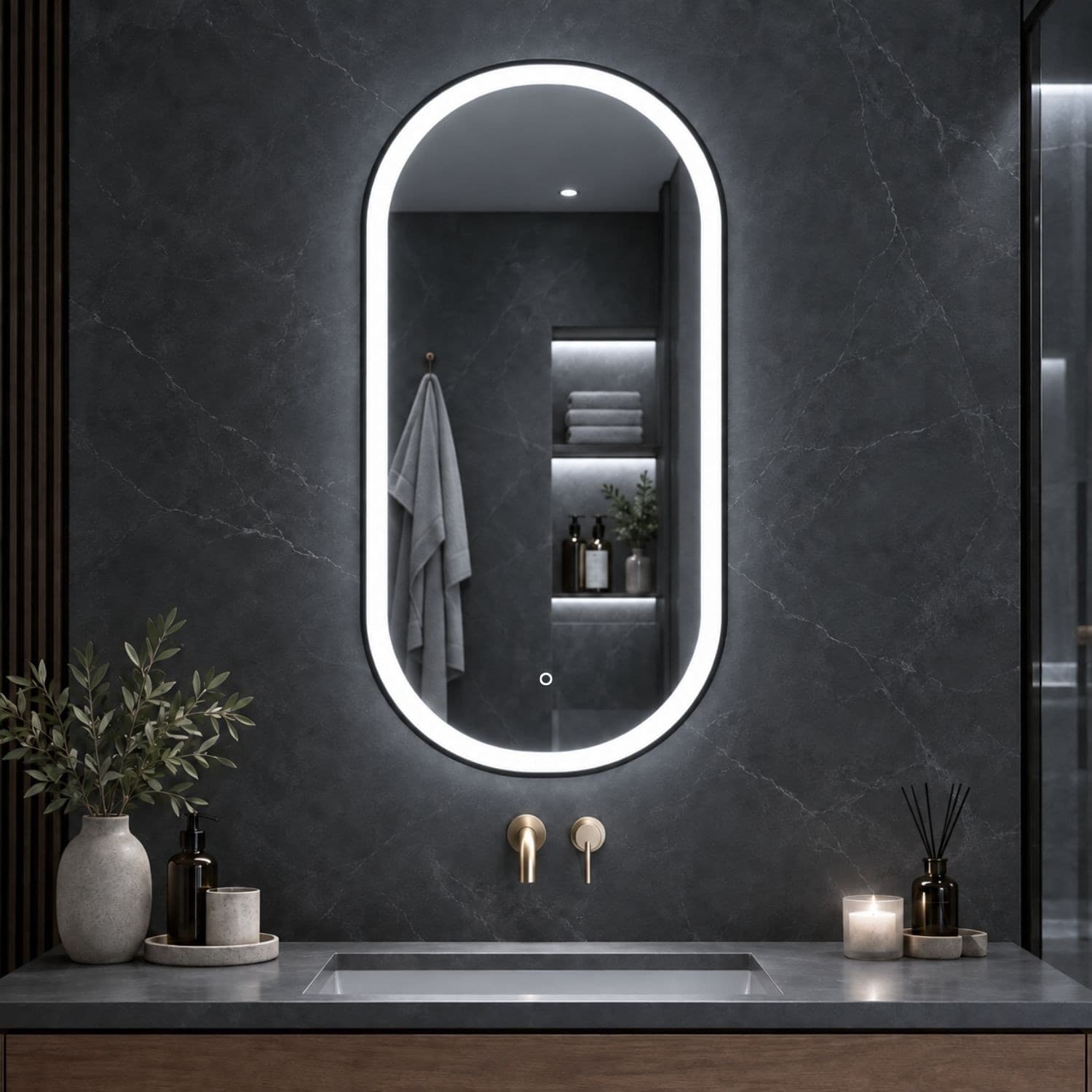 Specchio 5 mm Ovale cornice Nera Retroilluminato Led Interruttore Touch - 5