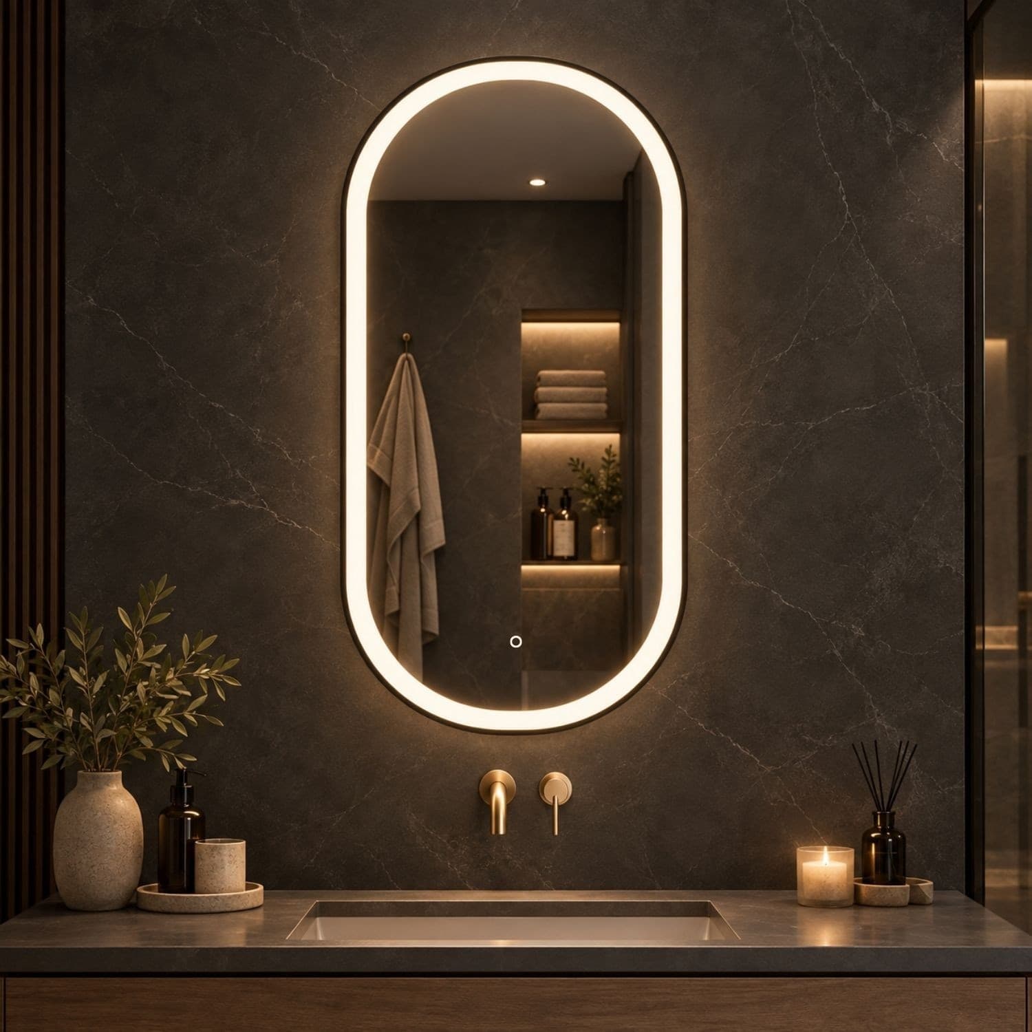 Specchio 5 mm Ovale cornice Nera Retroilluminato Led Interruttore Touch - 7