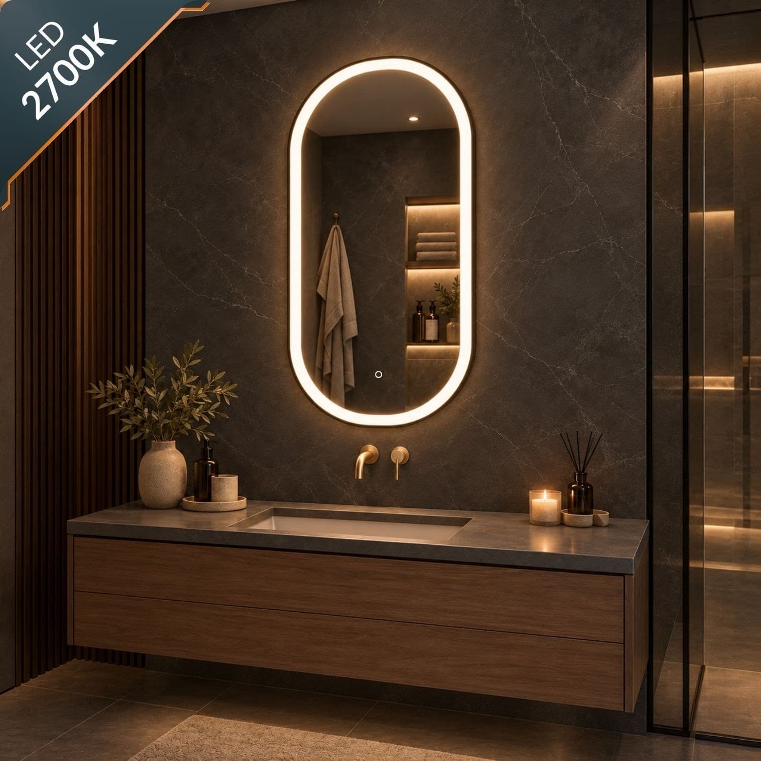 Specchio 5 mm Ovale cornice Nera Retroilluminato Led Interruttore Touch - 8