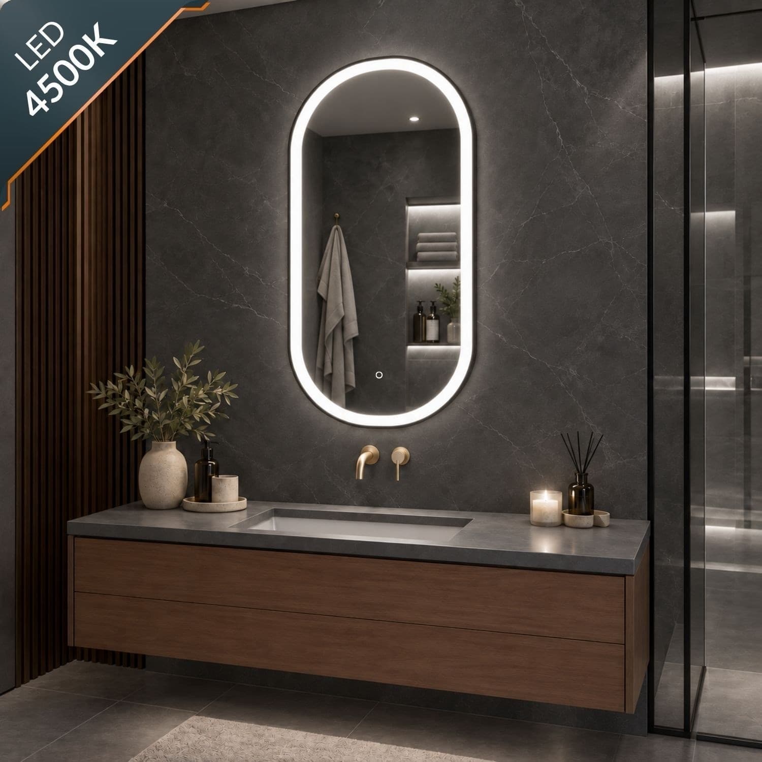 Specchio 5 mm Ovale cornice Nera Retroilluminato Led Interruttore Touch - 9