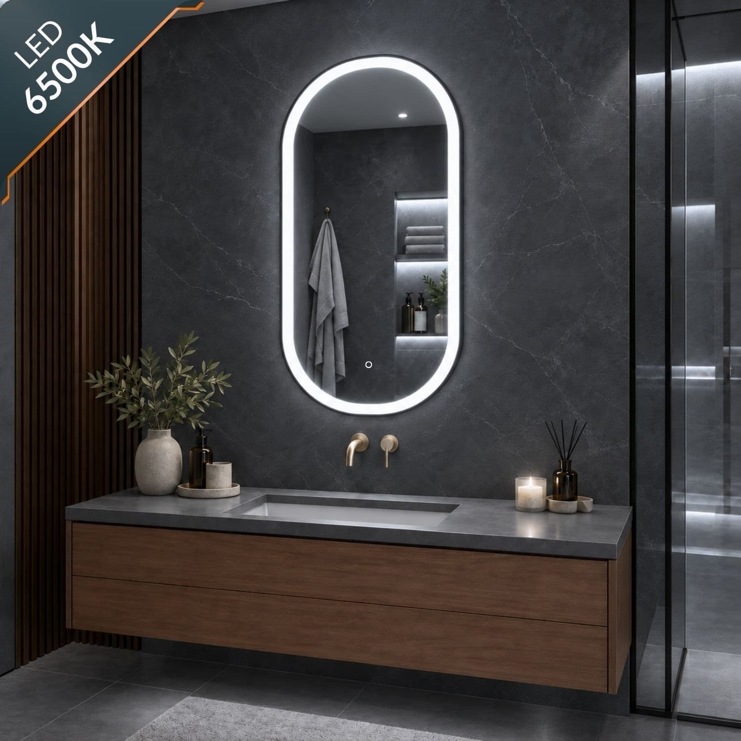 Specchio 5 mm Ovale cornice Nera Retroilluminato Led Interruttore Touch - 10
