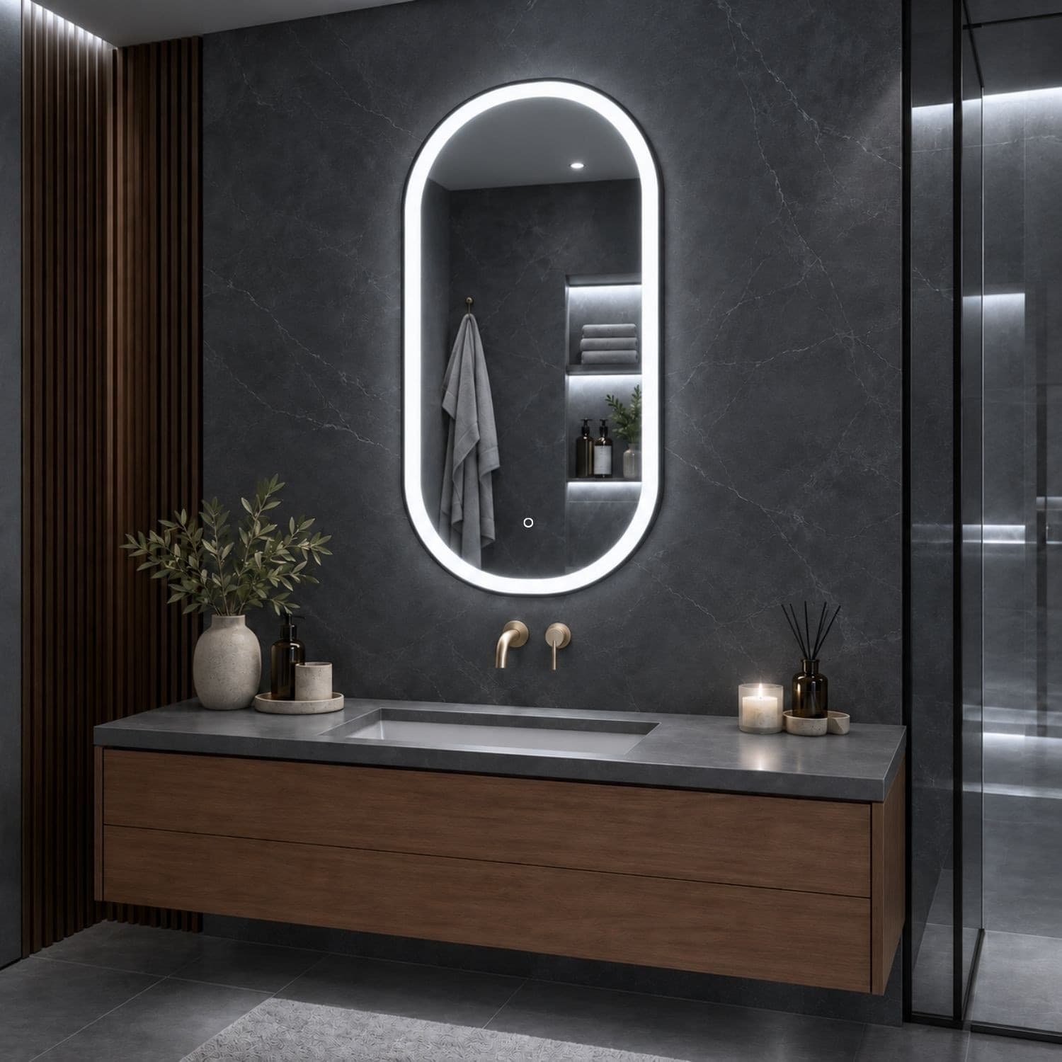 Specchio 5 mm Ovale cornice Nera Retroilluminato Led Interruttore Touch - 2