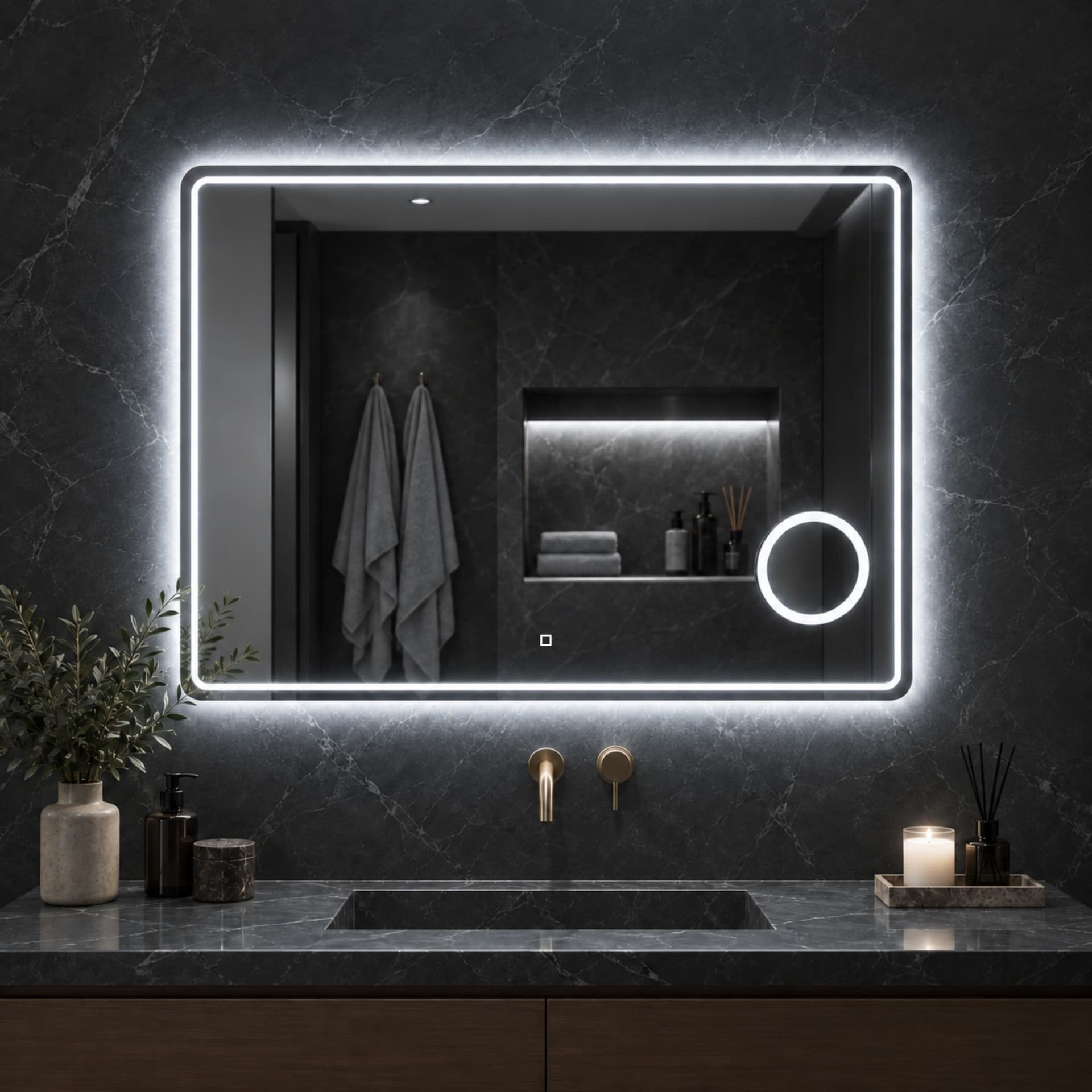 Specchio-5mm-Rettangolare-Smussato-Cornice-Led-Interruttore-Touch-Lente