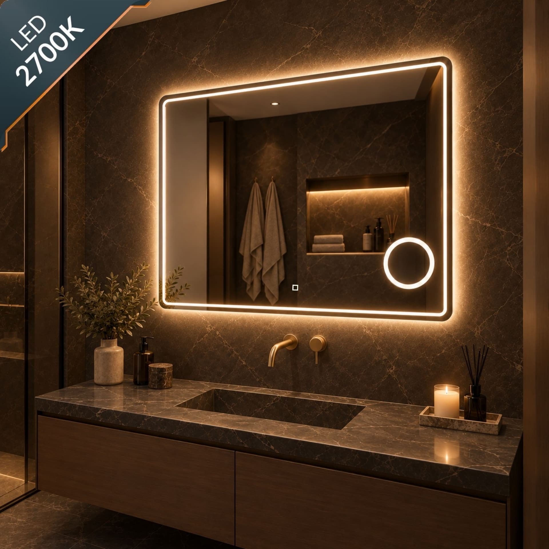 Specchio 5mm Rettangolare Smussato Cornice Led Interruttore Touch Lente - 20