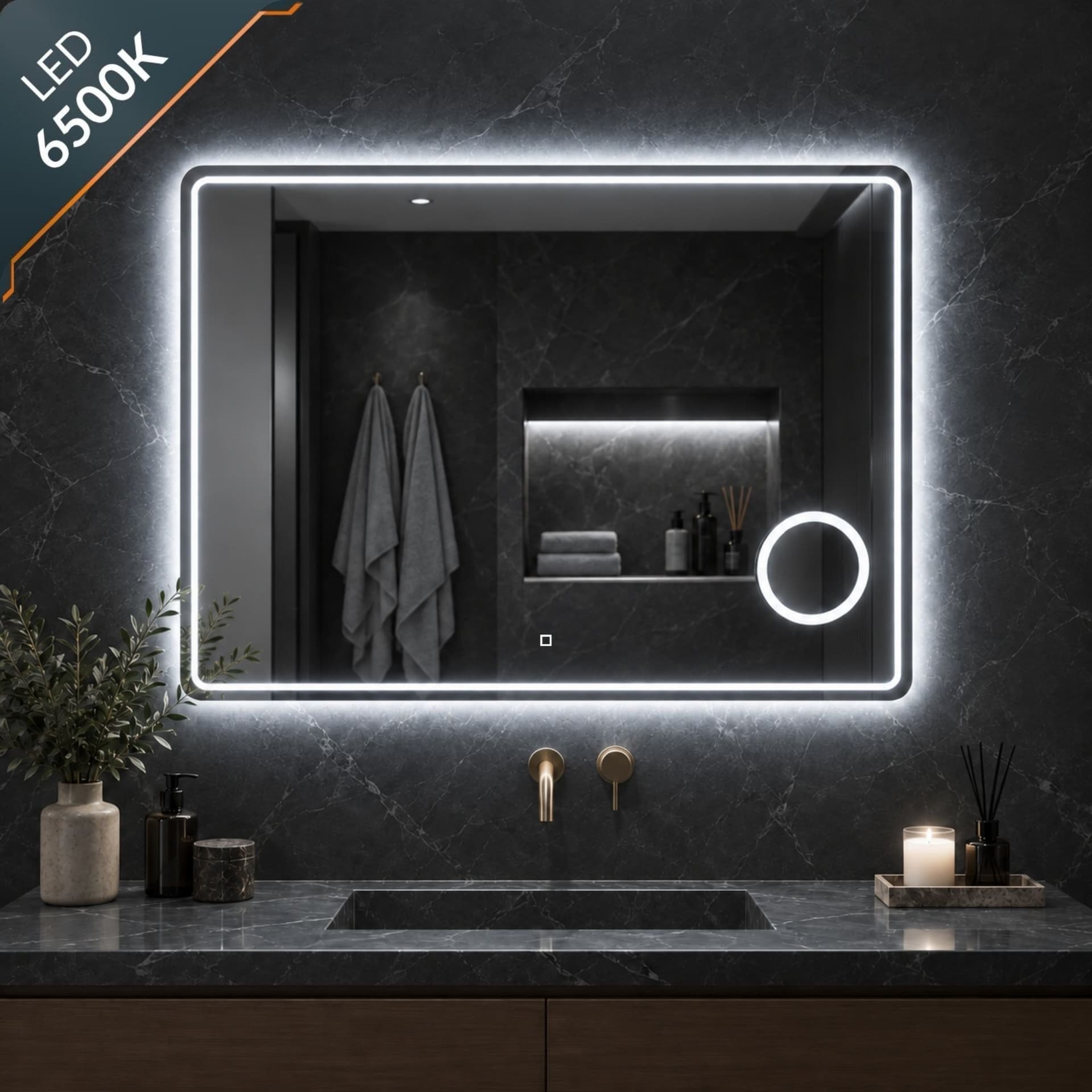 Specchio-5mm-Rettangolare-Smussato-Cornice-Led-Interruttore-Touch-Lente