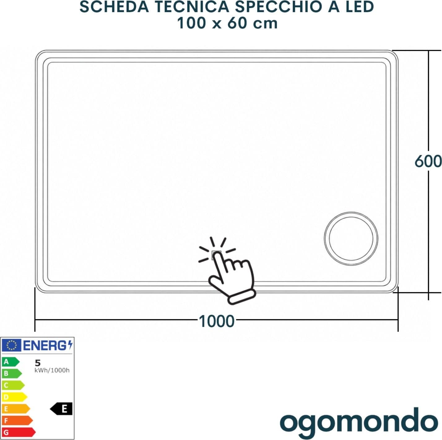 Specchio 5mm Rettangolare Smussato Cornice Led Interruttore Touch Lente - 18