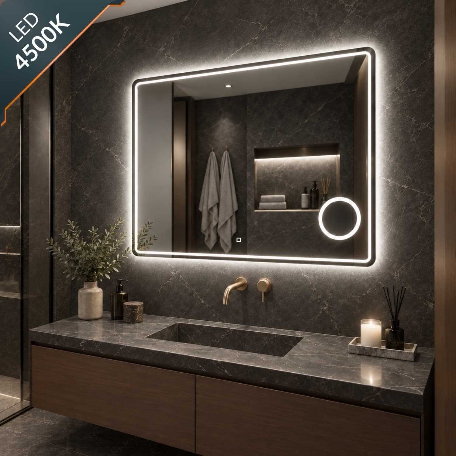 Specchio 5mm Rettangolare Smussato Cornice Led Interruttore Touch Lente - 21