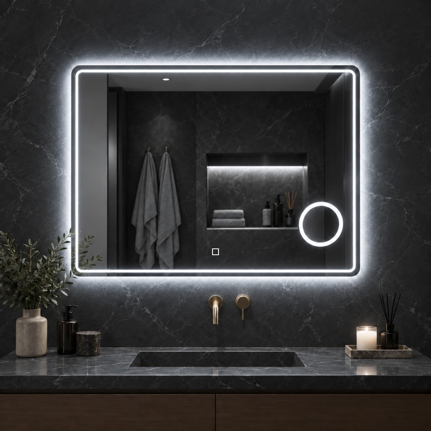 Specchio 5mm Rettangolare Smussato Cornice Led Interruttore Touch Lente - 23