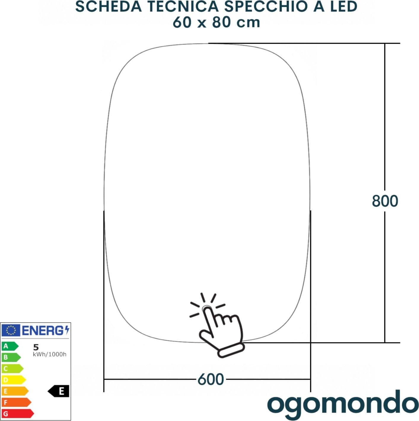 Specchio 5 mm Rettangolare Stondato Retroilluminato Interruttore Touch - 12