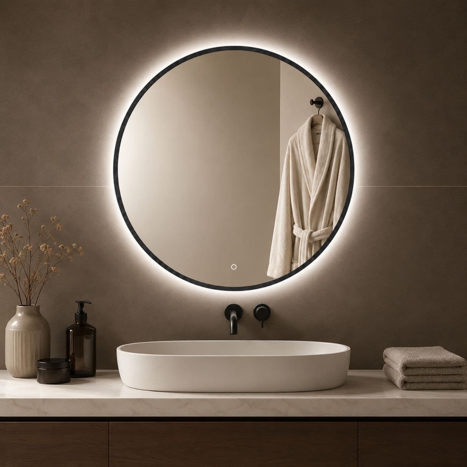 Specchio-5-mm-Tondo-Cornice-Nera-Retroilluminato-Led-Interruttore-Touch