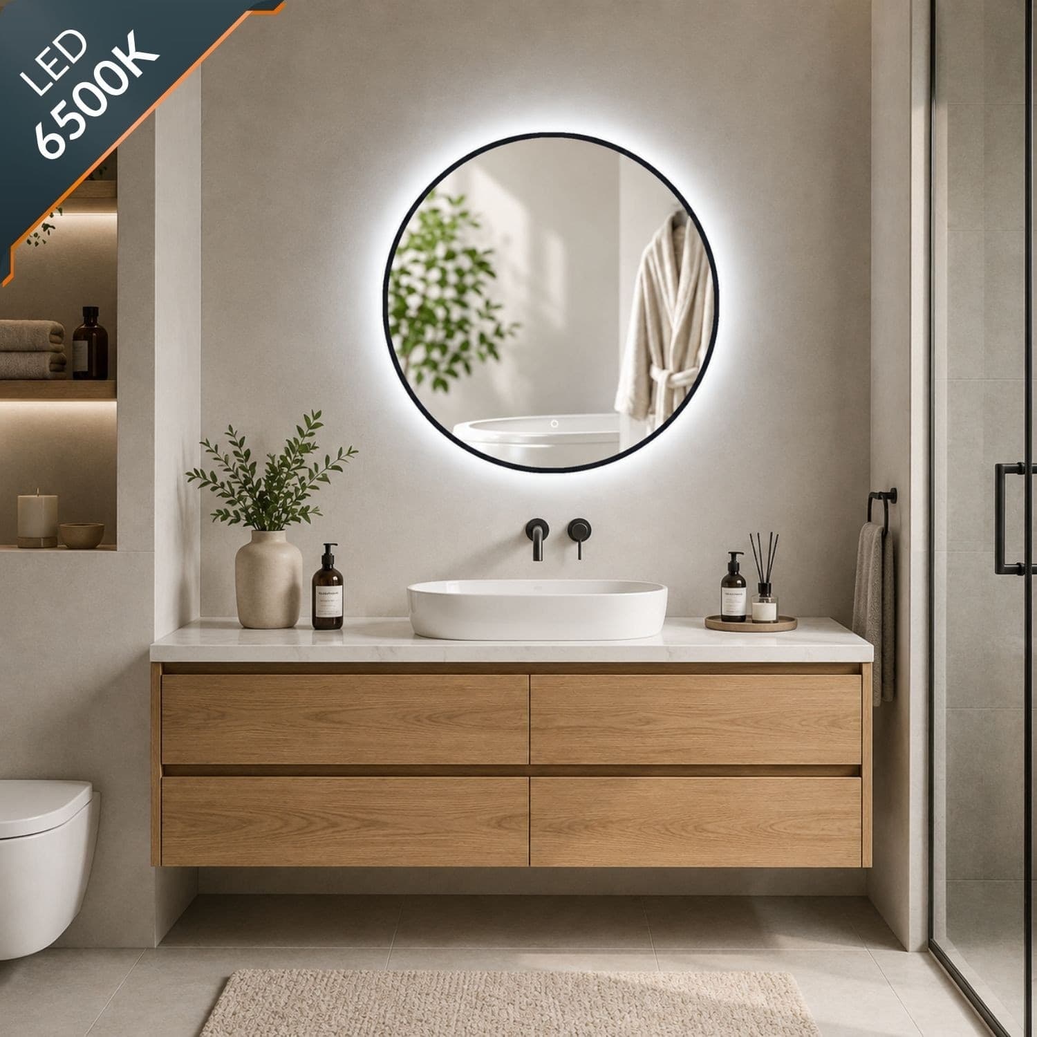 Specchio-5-mm-Tondo-Cornice-Nera-Retroilluminato-Led-Interruttore-Touch