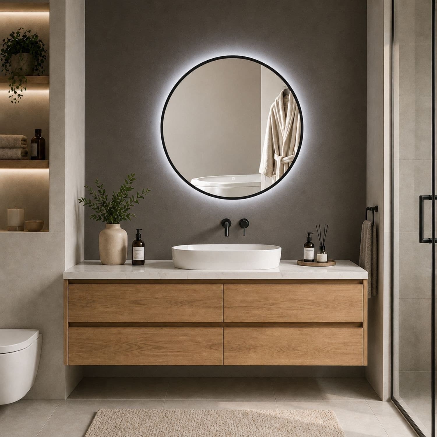 Specchio-5-mm-Tondo-Cornice-Nera-Retroilluminato-Led-Interruttore-Touch