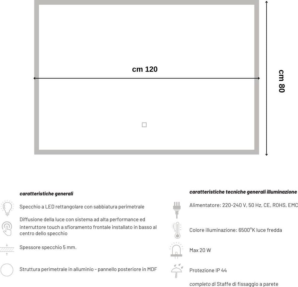 Specchio 5 mm Rettangolare Squadrato Cornice Led Interruttore Touch - 31