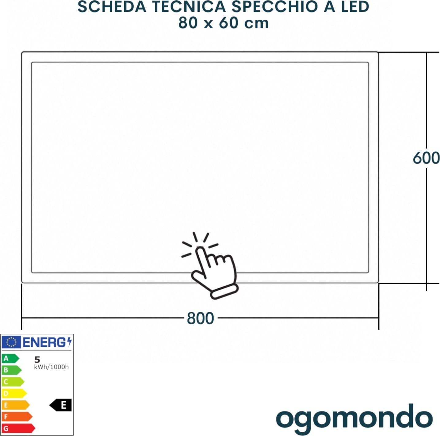 Specchio 5 mm Rettangolare Squadrato Cornice Led Interruttore Touch - 6