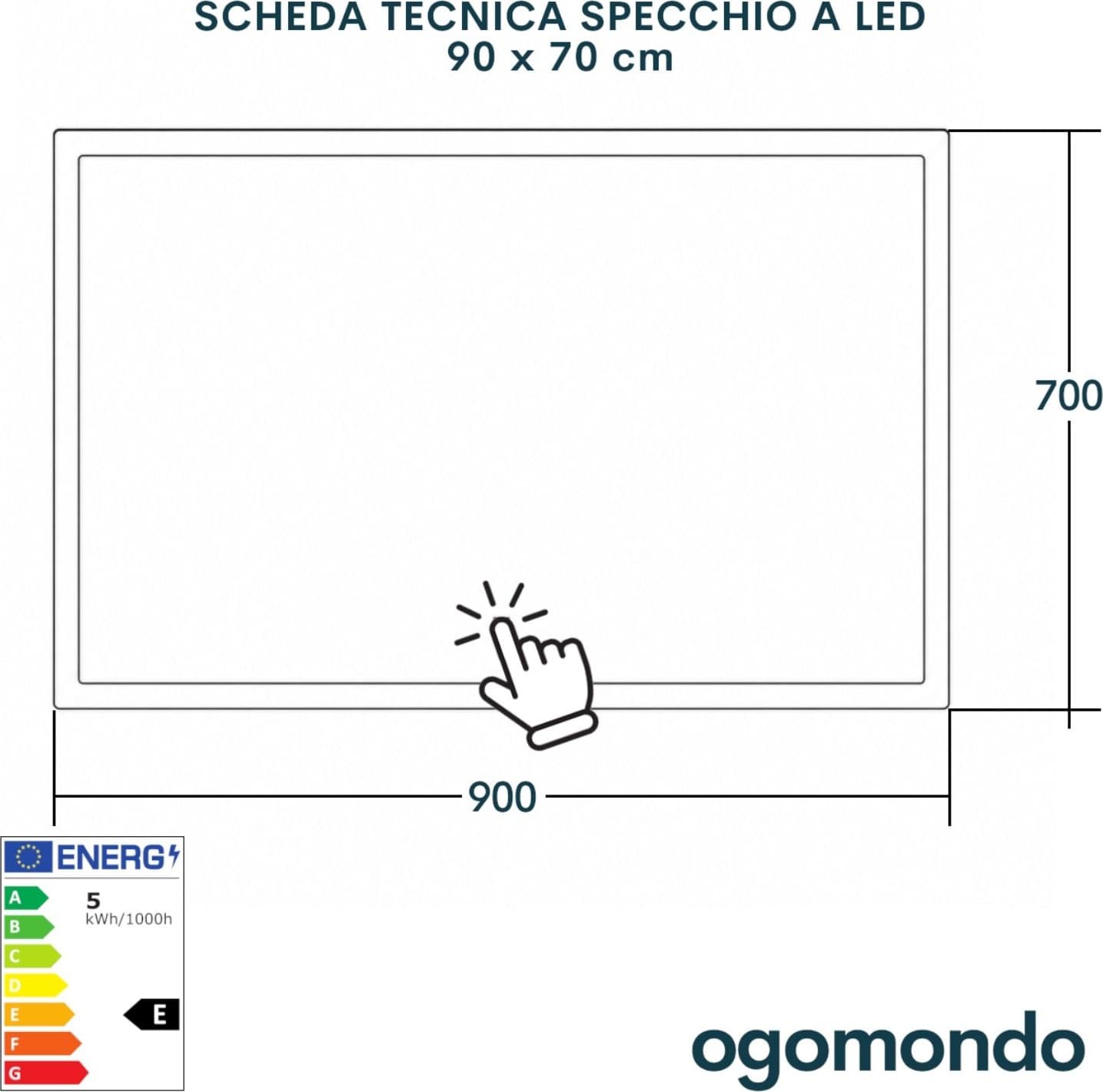 Specchio 5 mm Rettangolare Squadrato Cornice Led Interruttore Touch - 12