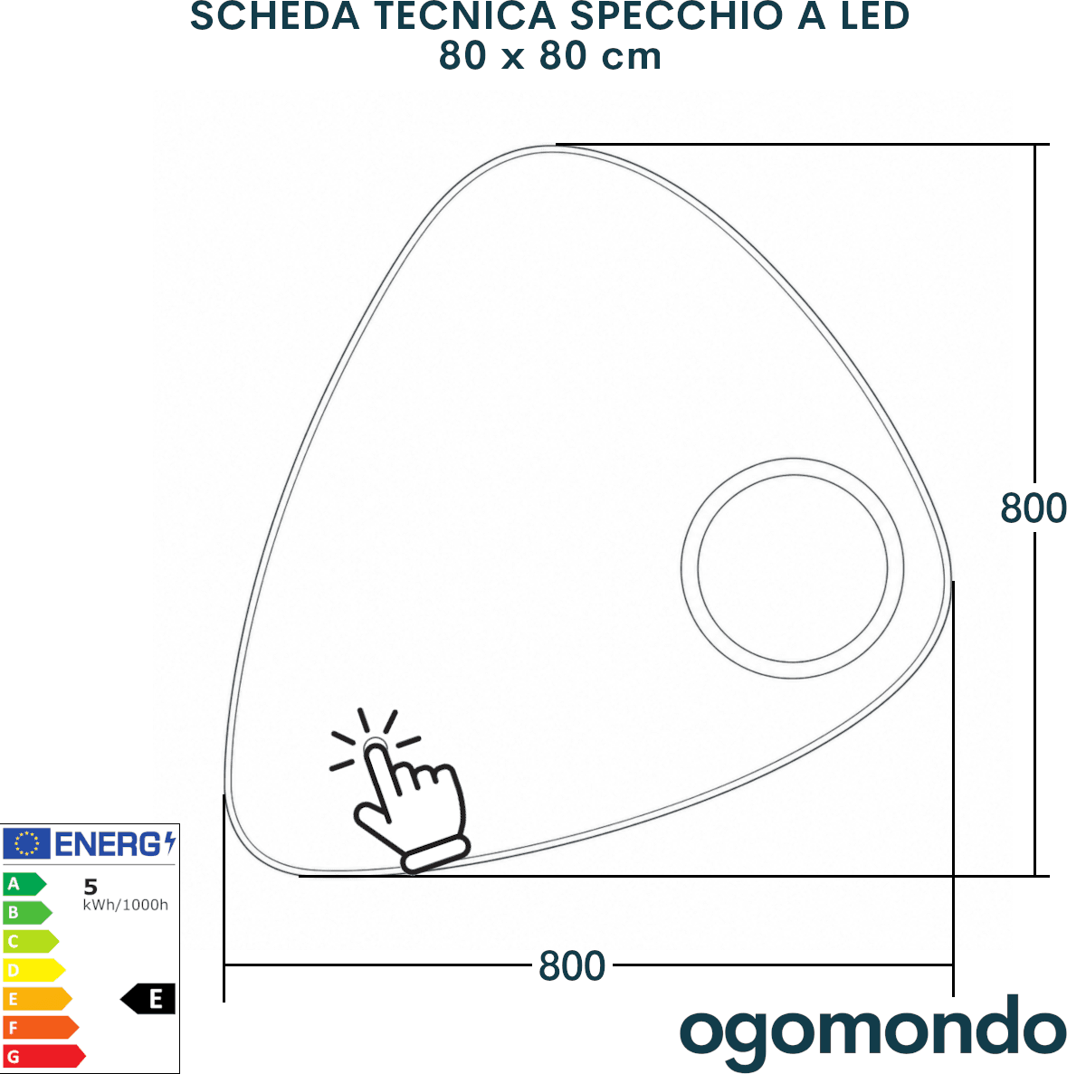 Specchio 5 mm Triangolare Smussato Led Interruttore Touch Alluminio MDF - 11