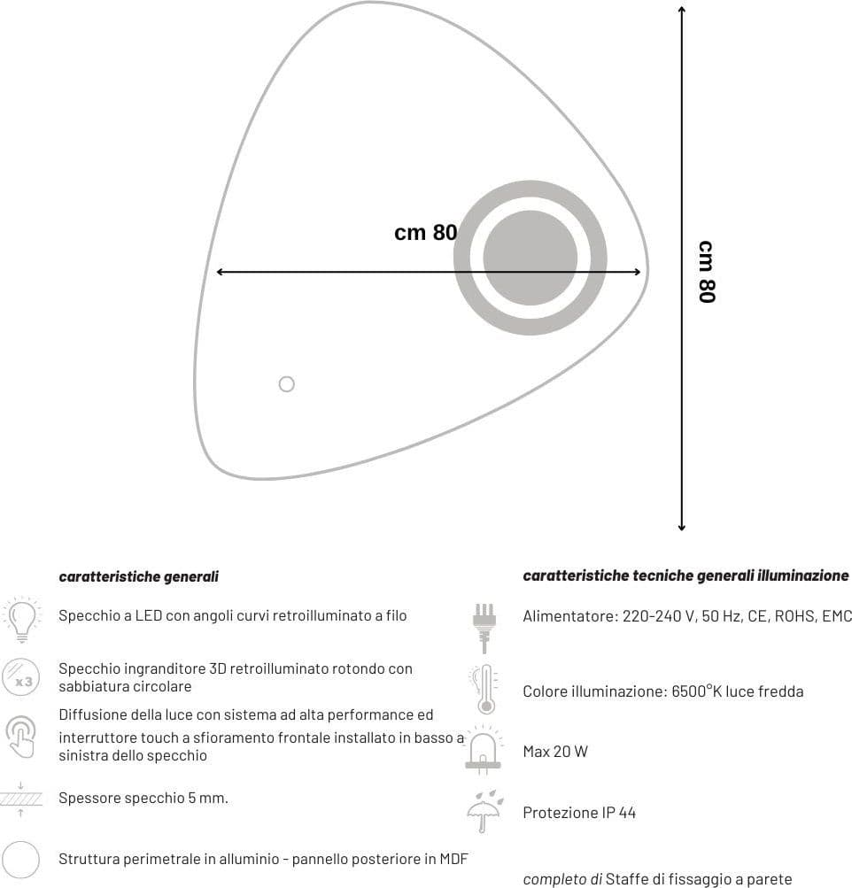 Specchio 5 mm Triangolare Smussato Led Interruttore Touch Alluminio MDF - 7
