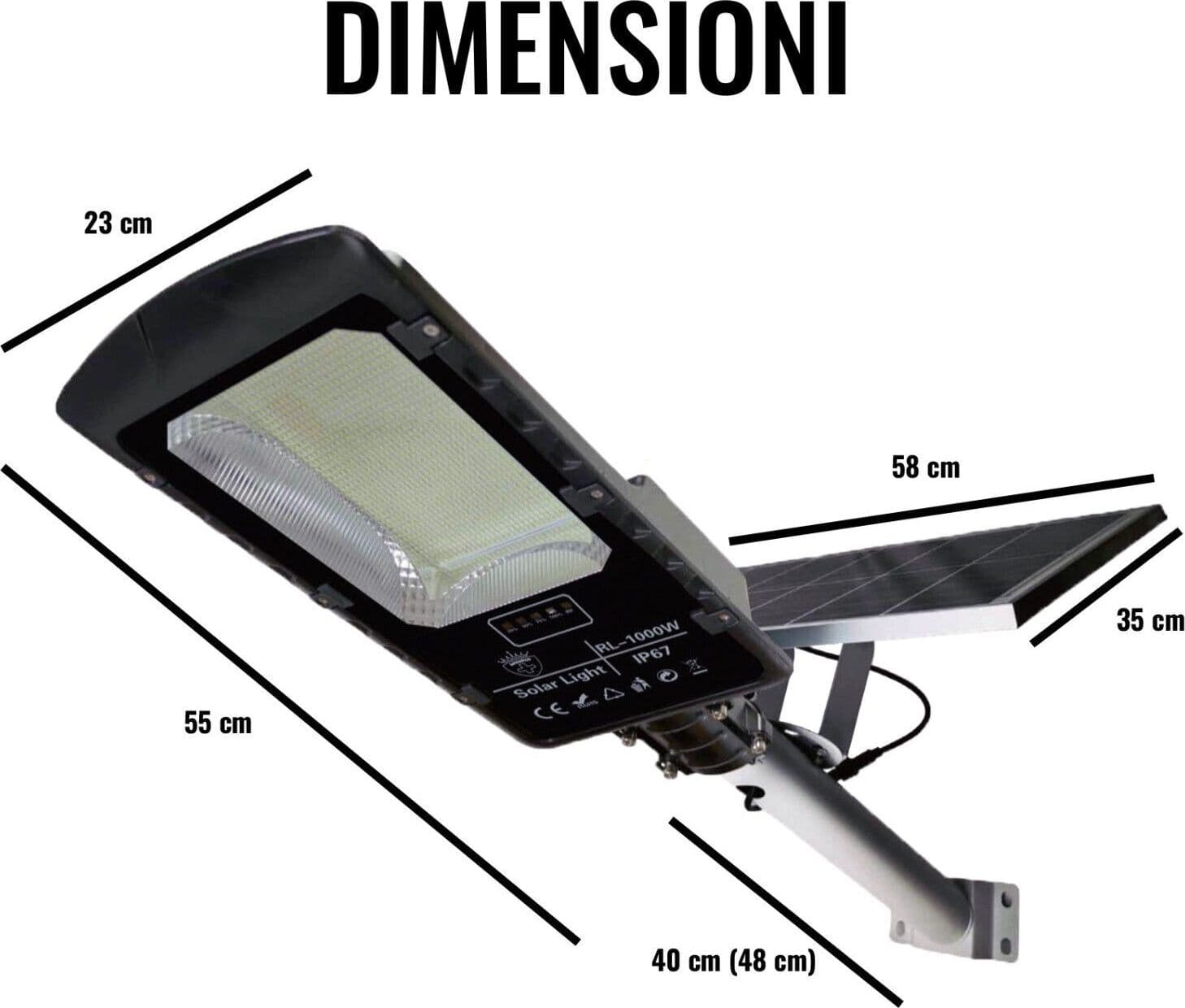 Lampione Stradale LED 1000W Completo di pannello SOLARE Telecomando e STAFFA Luce 6500K IP67 - 5