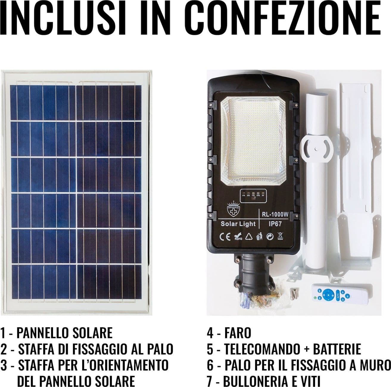 Lampione Stradale LED 1000W Completo di pannello SOLARE Telecomando e STAFFA Luce 6500K IP67 - 7