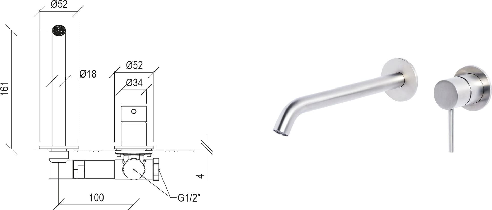 Rubinetto Miscelatore lavabo ad incasso con bocca da 16 cm in acciaio inox 316L Tubico Tevere – Spazzolato – metallo