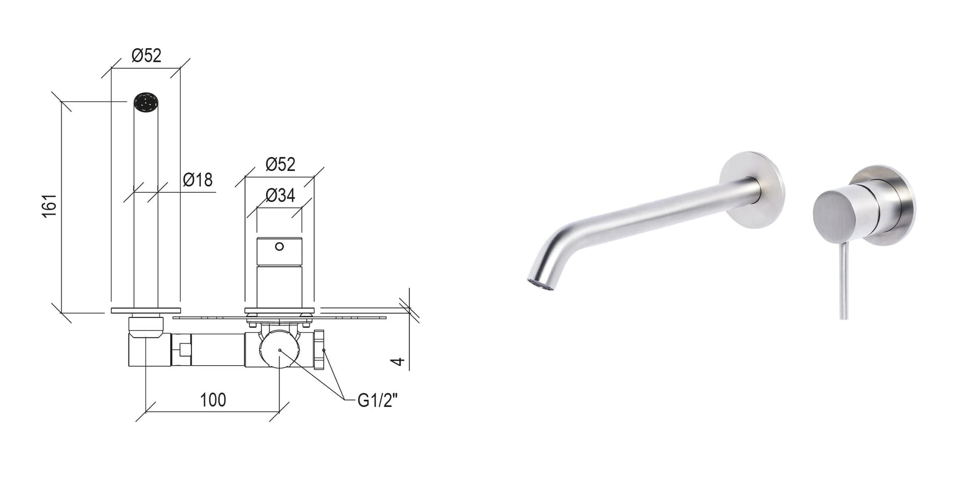 Rubinetto Miscelatore lavabo ad incasso con bocca da 16 cm in acciaio inox 316L Tubico Tevere - 9