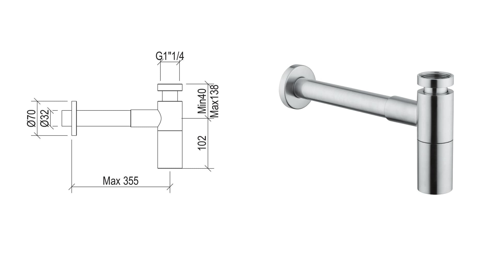Sifone minimale tondo G1"1/4 modello lusso in acciaio inox 316L di Tubico Tevere - 2