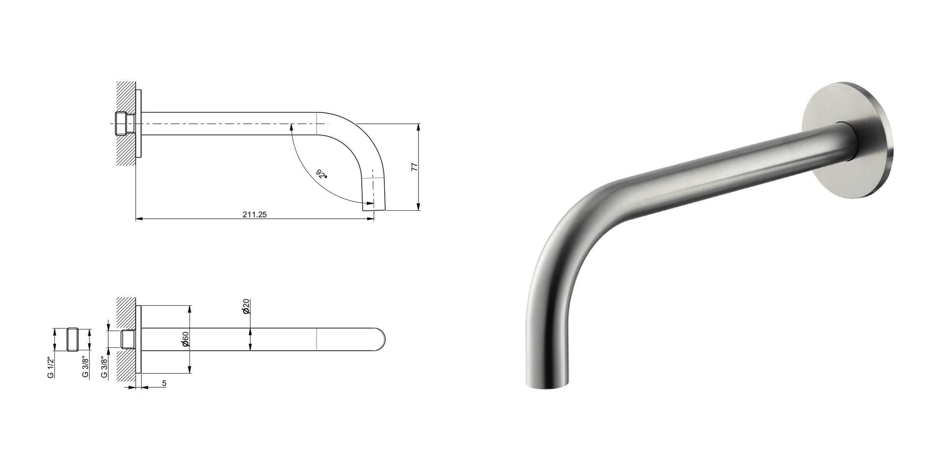 Bocca erogazione a parete per lavabo in acciaio inox da 210 mm di Tubico Nilo - 2