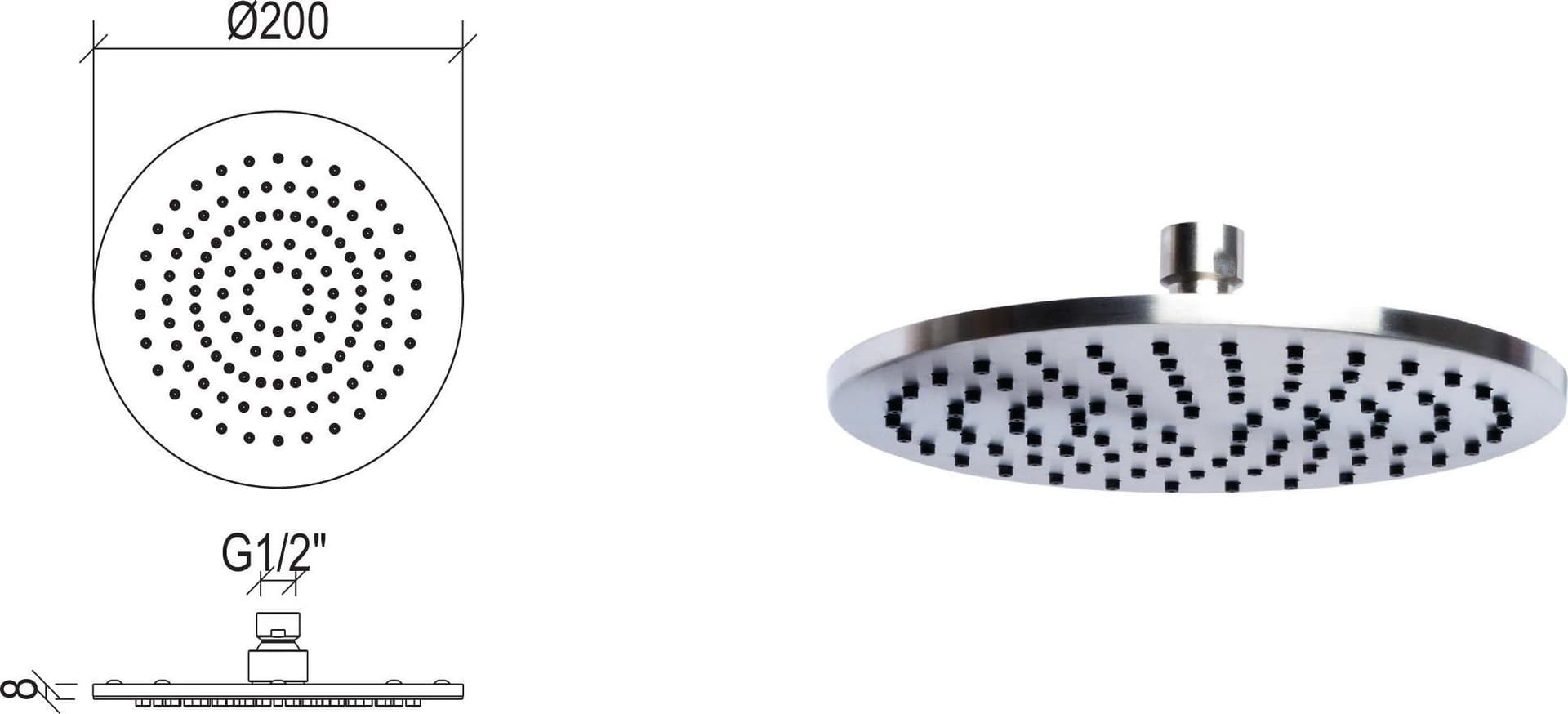 Soffione doccia tondo diametro 20 cm in acciaio inox 316L di Tubico Tevere – Spazzolato – cucina