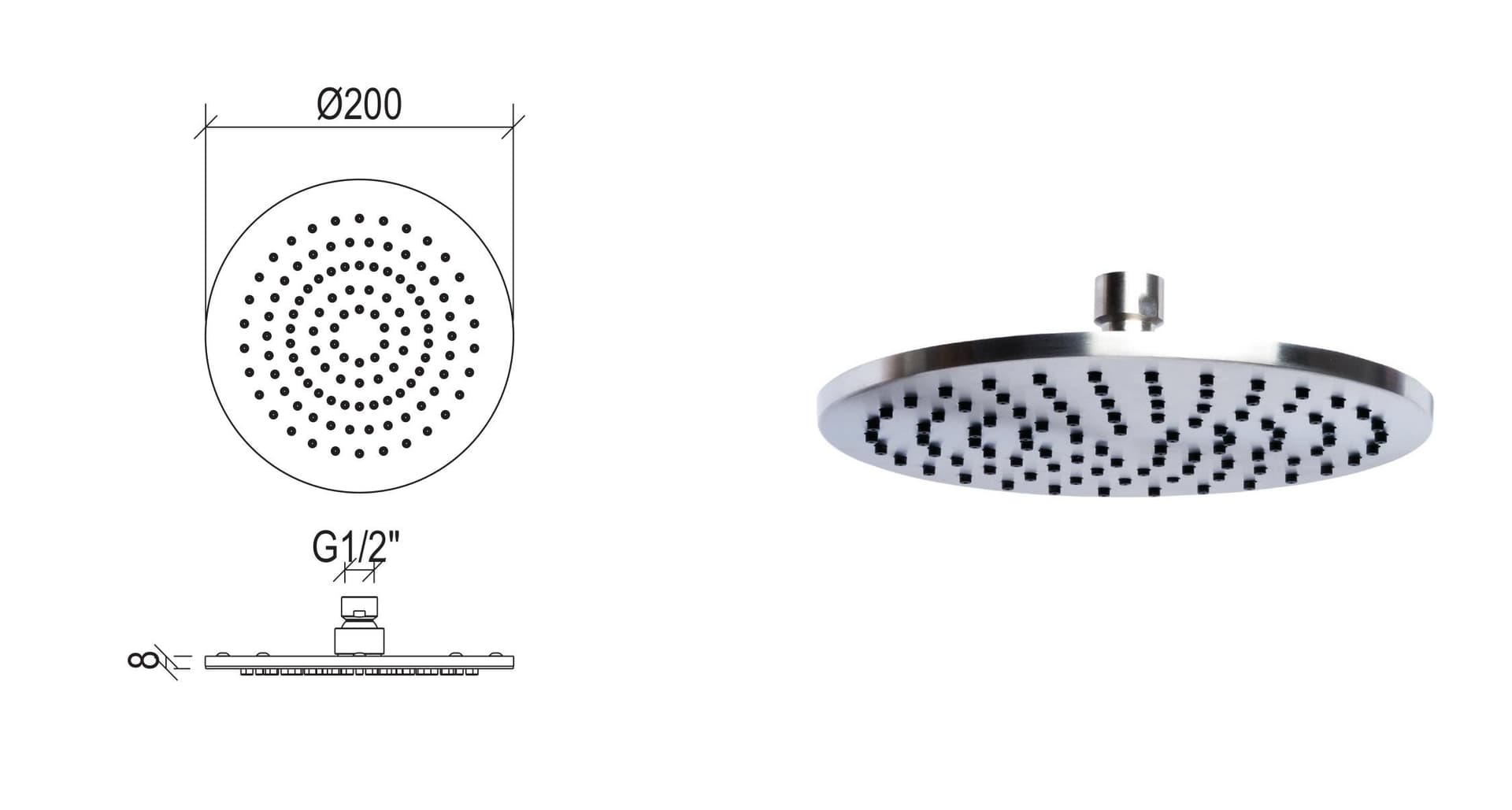 Soffione doccia tondo diametro 20 cm in acciaio inox 316L di Tubico Tevere - 5