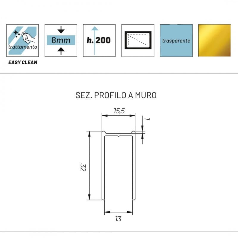 Parete Doccia Walkin Anticalcare 8mm H200 profilo Oro Lucido GARDENIA - 5