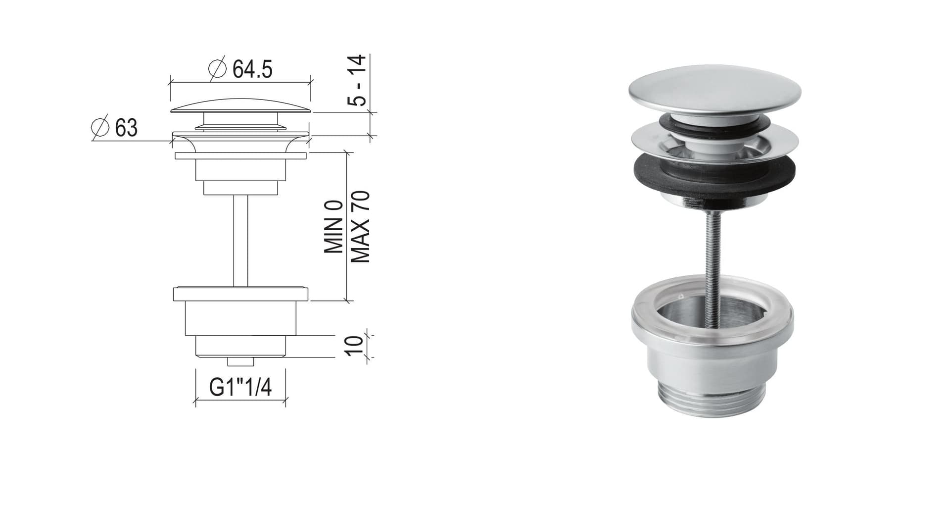 Scarico lavabo "Click-Clack" G1"1/4" modello sempre aperto in acciaio inox 316L di Tubico Tevere - 2