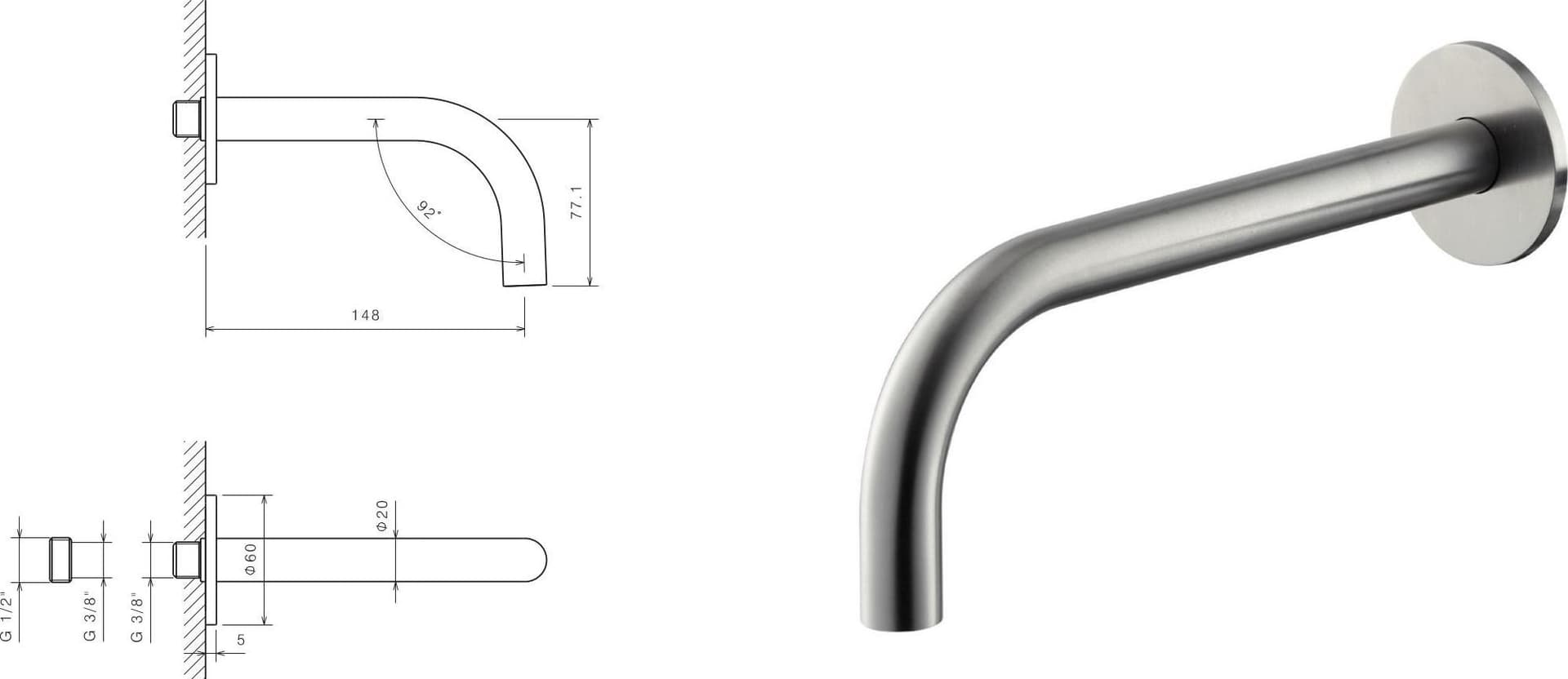 Bocca erogazione a parete per lavabo in acciaio inox da 150 mm di Tubico Nilo - 2