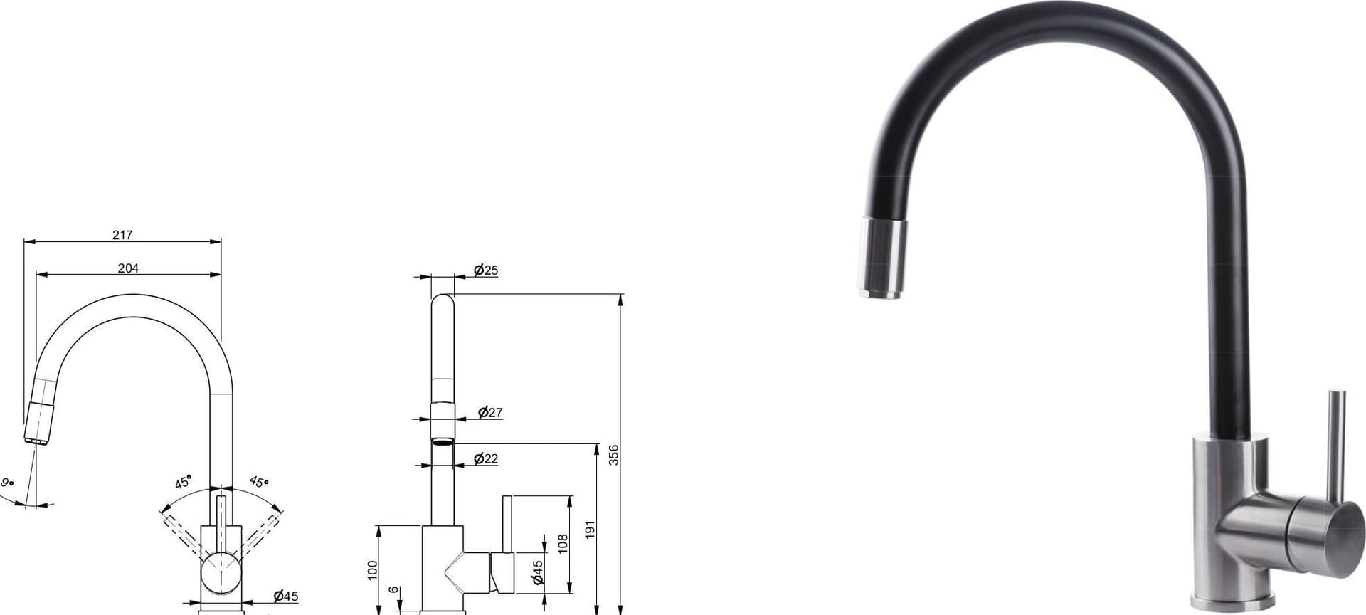 Miscelatore per lavello con canna tonda girevole nera in acciaio inox Tubico Kitchen River - 2