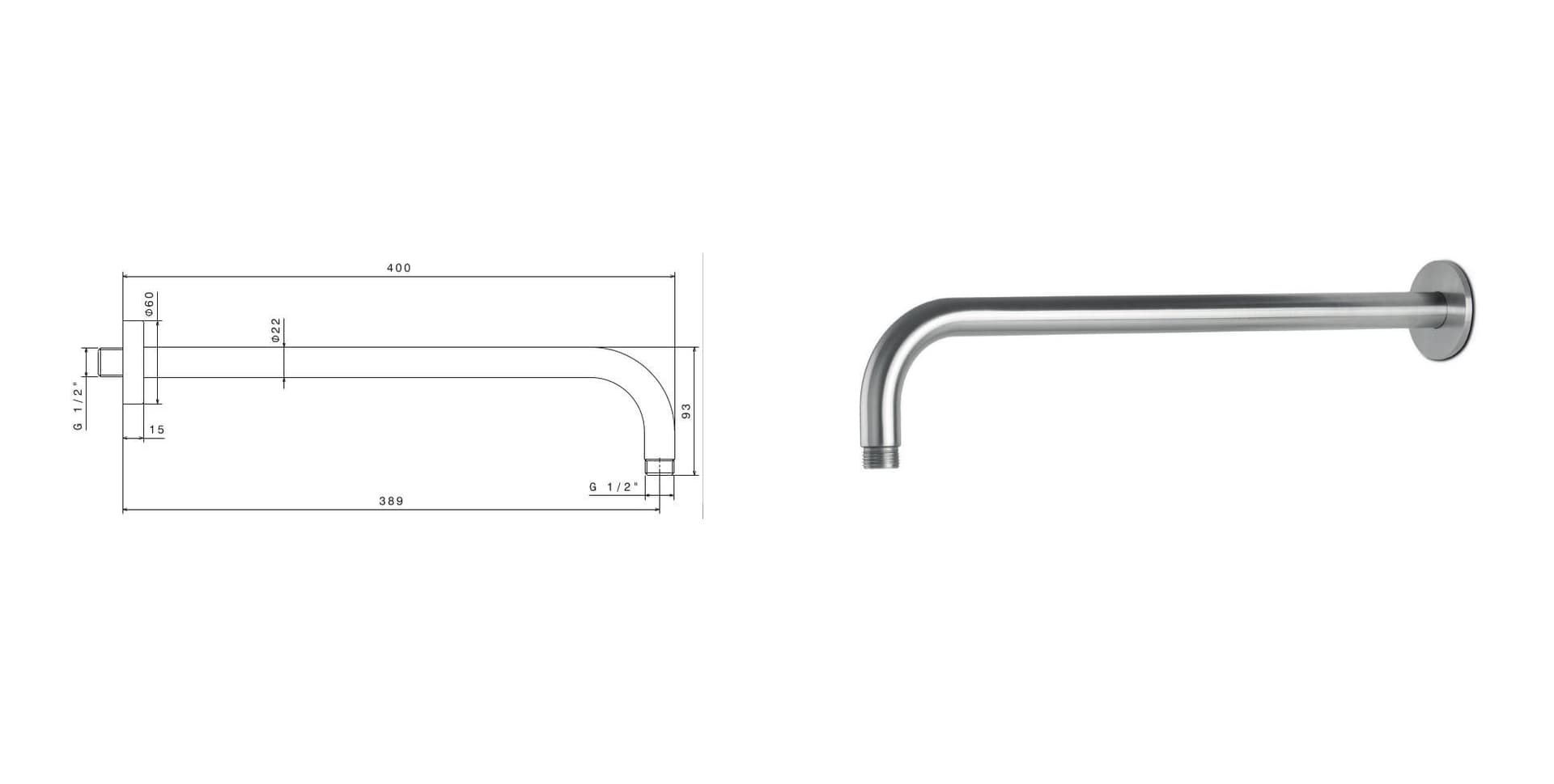 Braccio soffione a parete tondo in acciaio inox da 400 mm di Tubico Nilo - 2