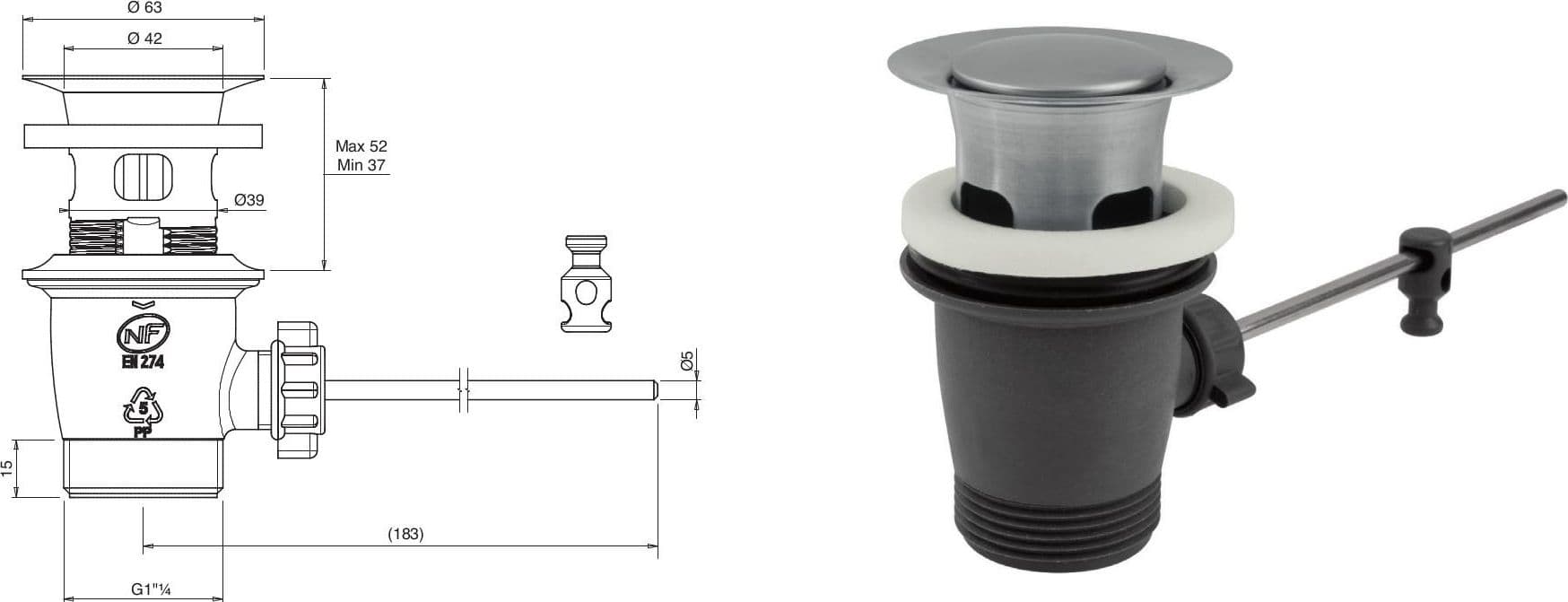 Piletta da 1”1/4 con scarico a salterello in acciaio inox di Tubico Nilo - 2