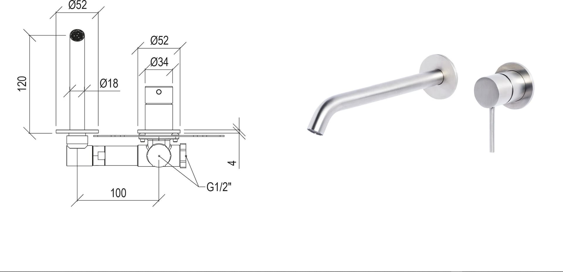 Rubinetto Miscelatore lavabo ad incasso con bocca da 12 cm in acciaio inox 316L Tubico Tevere - 9