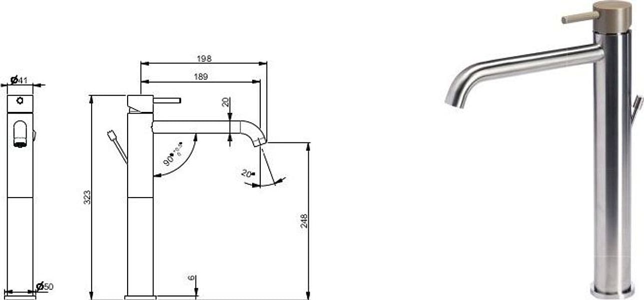 Miscelatore versione alta per lavabo con scarico e maniglia colorata di Tubico – Perla – lampada