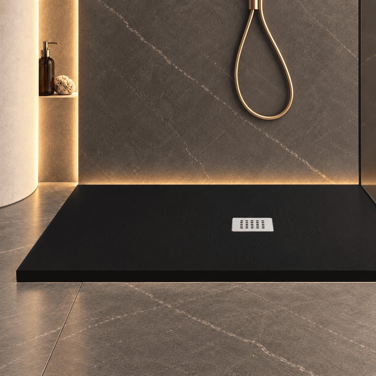 Piatto-Doccia-Mineralmarmo-effetto-pietra-made-in-Italy-scarico-centrale-colore-Nero-modello-AMALFI