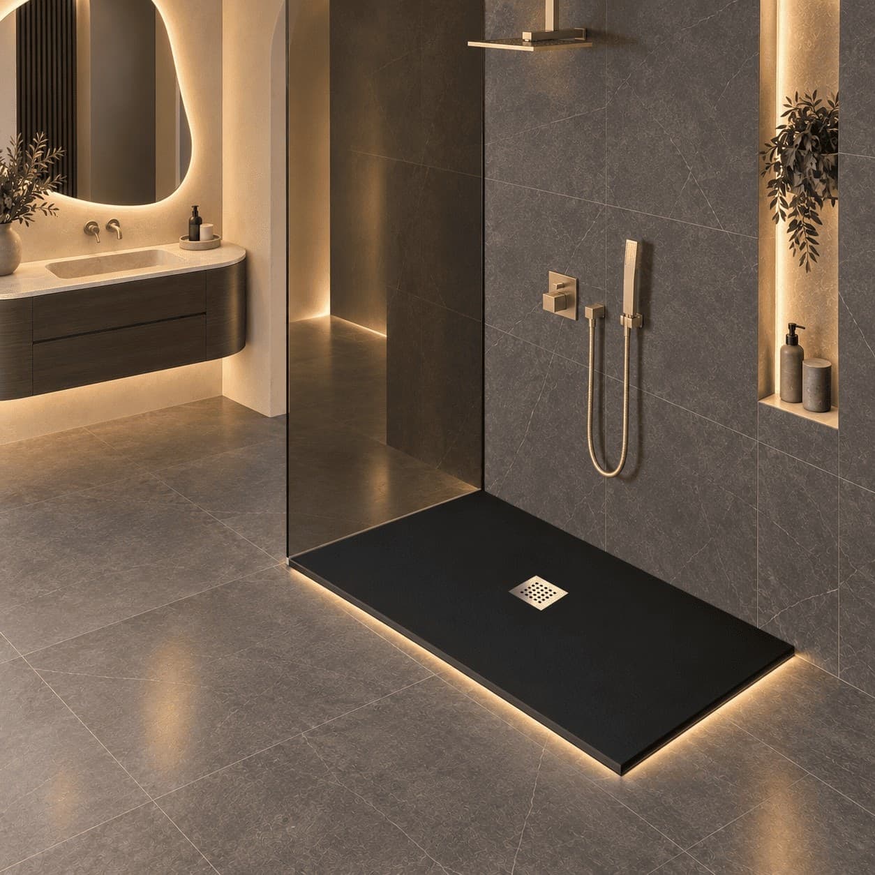 Piatto-Doccia-Mineralmarmo-effetto-pietra-made-in-Italy-scarico-centrale-colore-Nero-modello-AMALFI