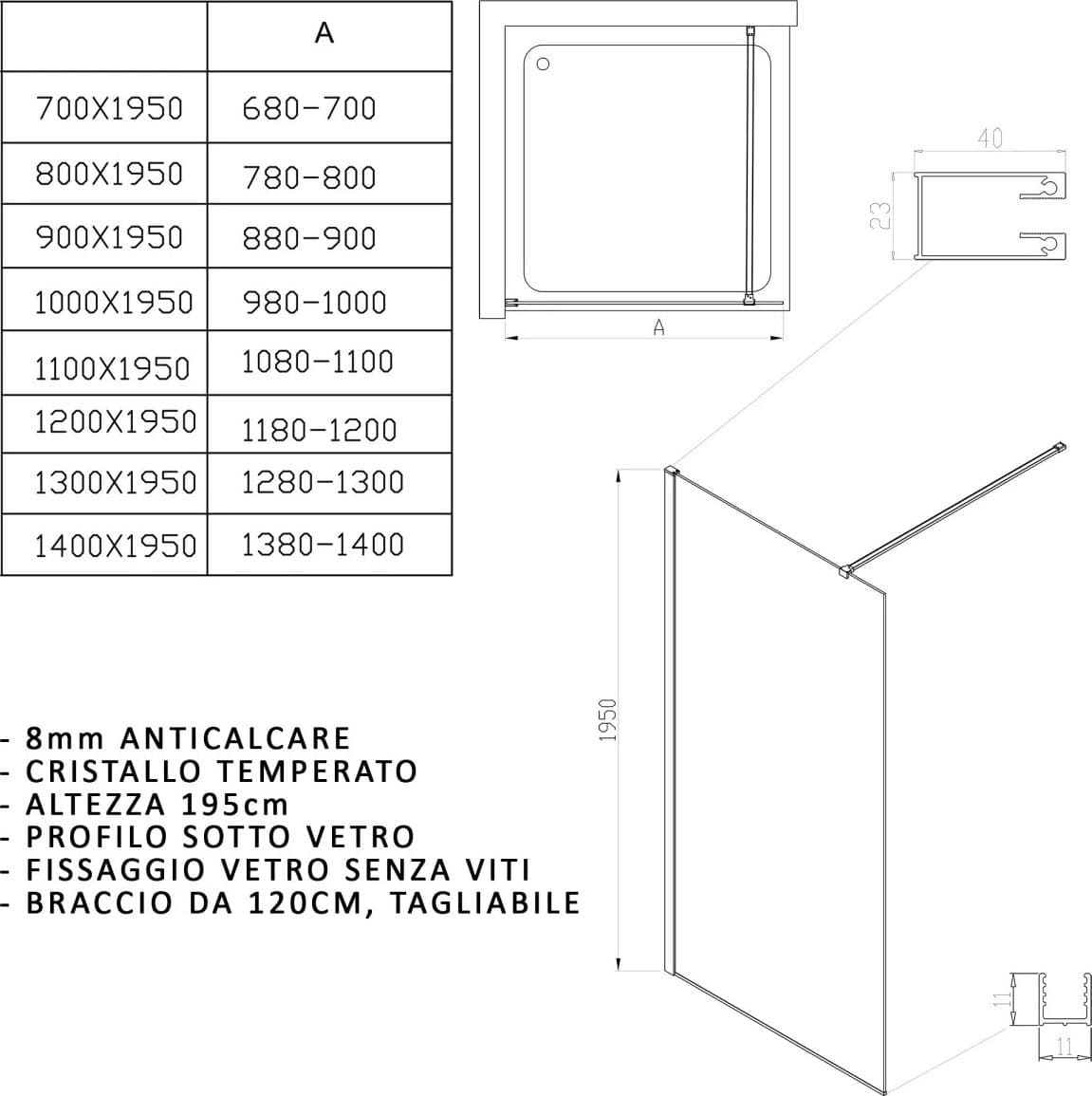 Parete Doccia Walkin Trasparente Anticalcare profilo nero 8mm H195 Noire – 100cm – Luminosa Arredobagno – bianco