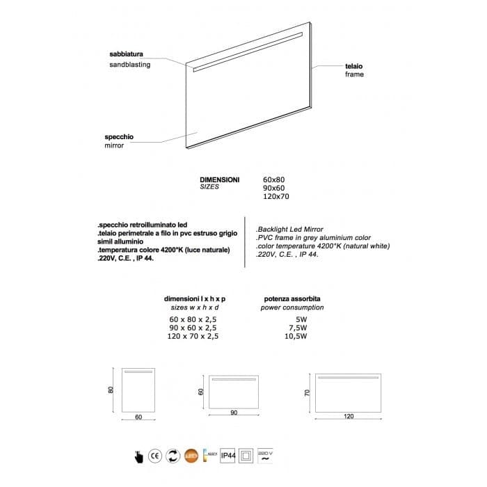 Specchio da Parete con Retroilluminazione Superiore a Led 120x70cm - 6