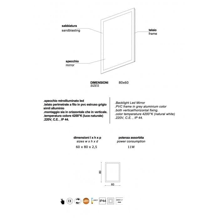 Specchio da Bagno Reversibile con Retroilluminazione Perimetrale a Led 80x60cm - 6