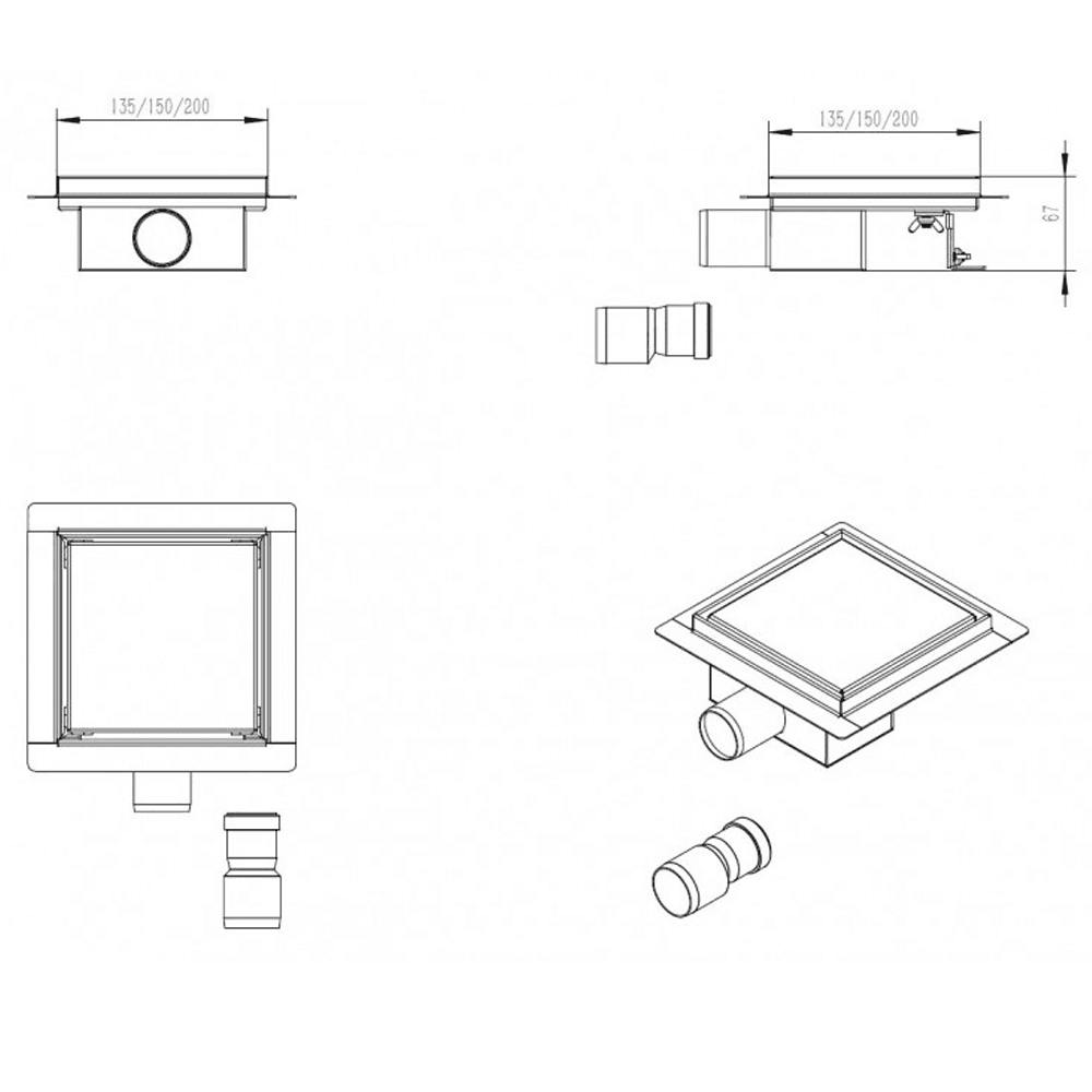 Canaletta Doccia Inox quadrata per scarico filopavimento 13,5 - 15 - 20cm - 4