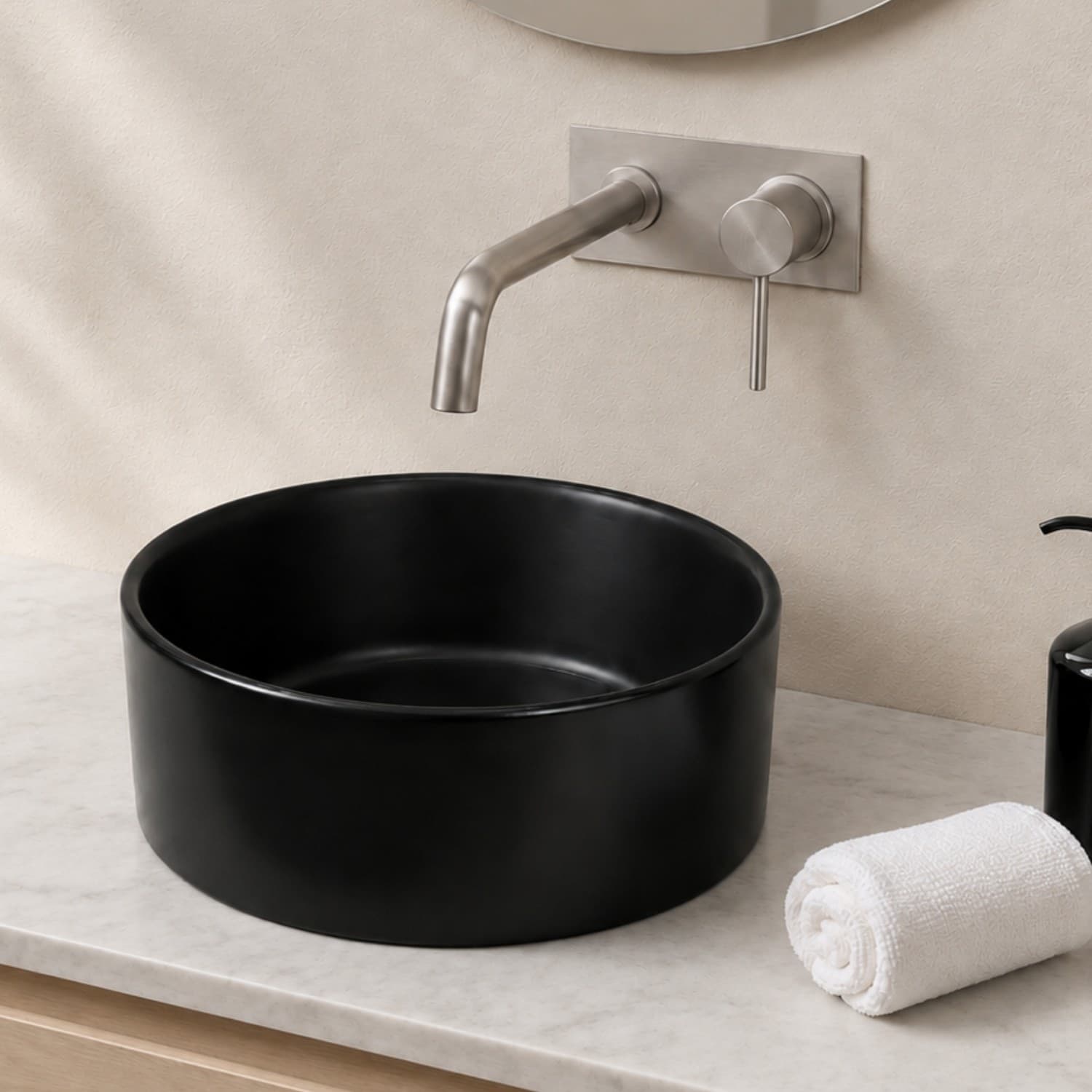 Lavabo-Da-Appoggio-Ceramica-Nero-Tondo-Arredo-Bagno-Lavandino-41x41x16,5-Cm