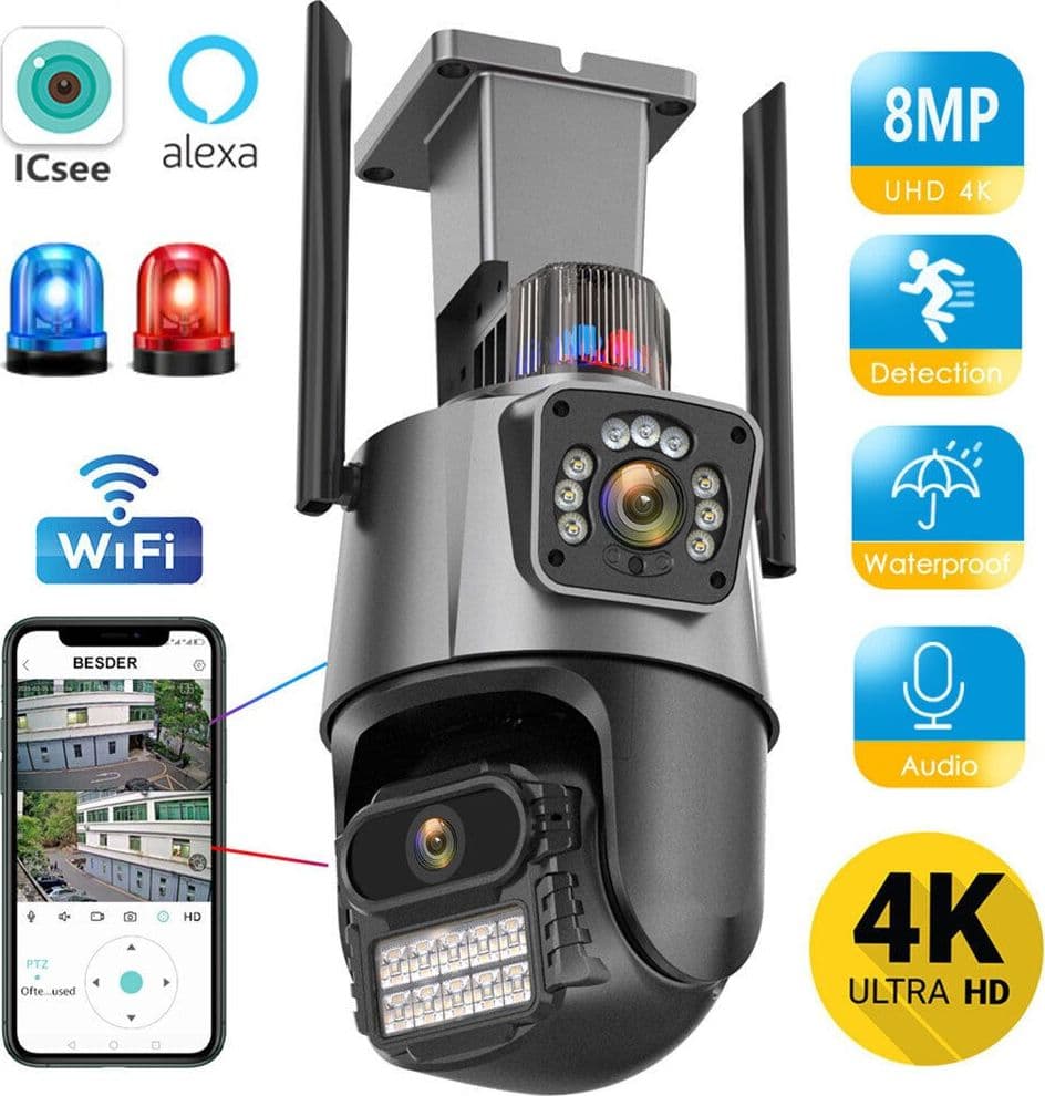 IP Telecamera 8MP 4K esterno WiFi PTZ 2 obiettivo doppio schermo 8X zoom CCTV - 18